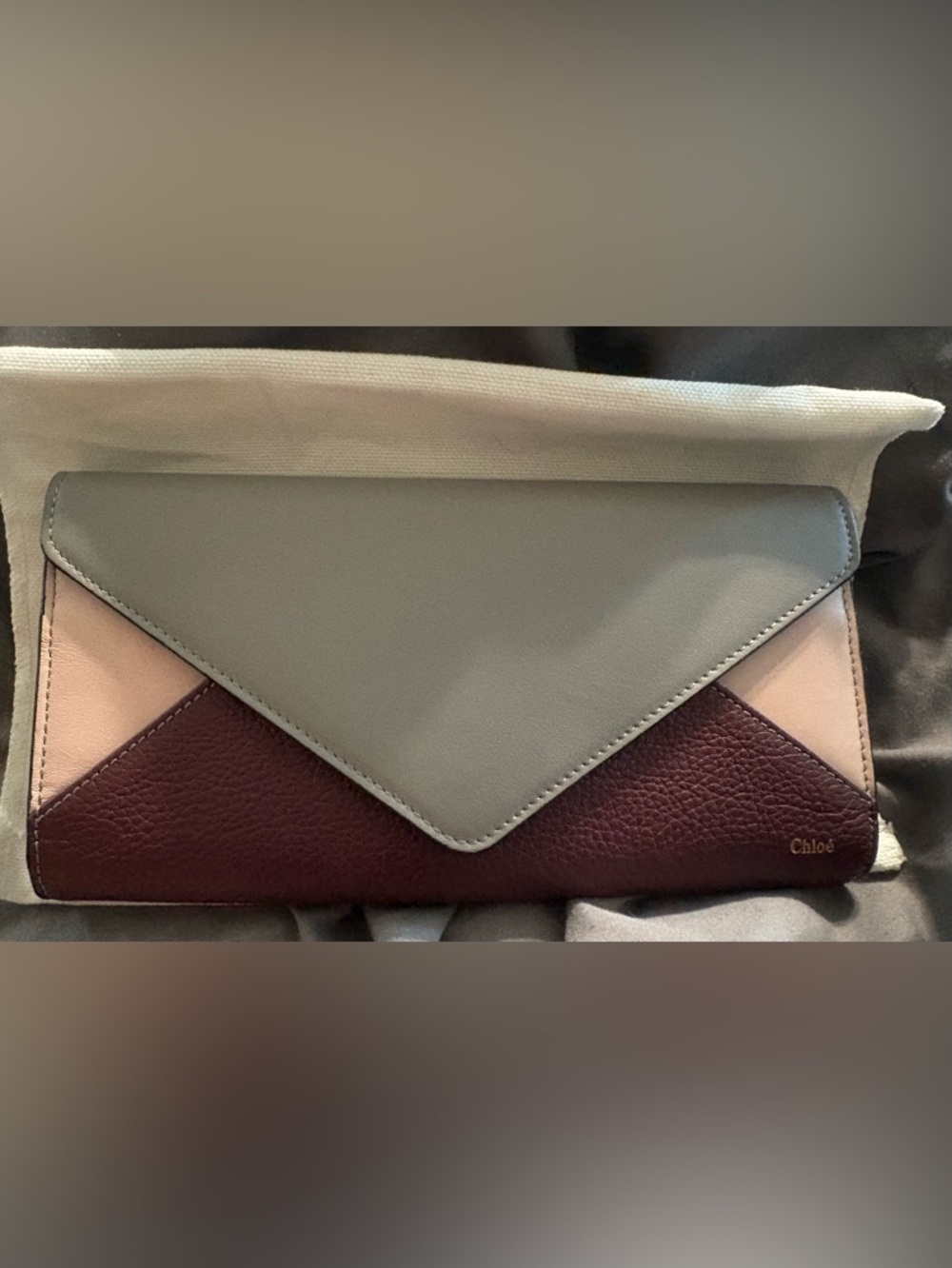 Chloé Cream and Burgundy Textured Leather Envelope Wallet Brand New